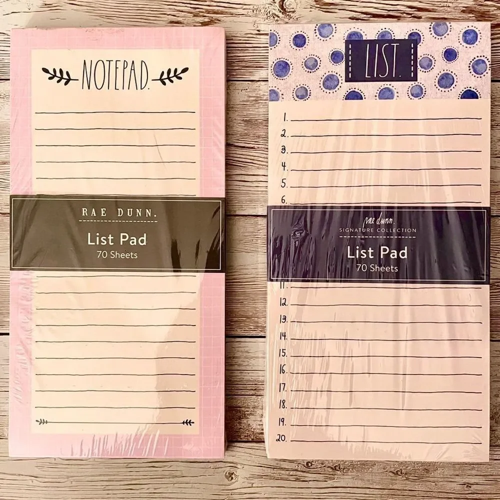 NWT Rae Dunn 2 Pc NOTEPAD / LIST Notepad Set Ivory PInk Blue Printed 140 Sheets